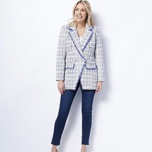Dennis Basso Women's Tweed Notched Lapel Jacket with Fray Royal Blue